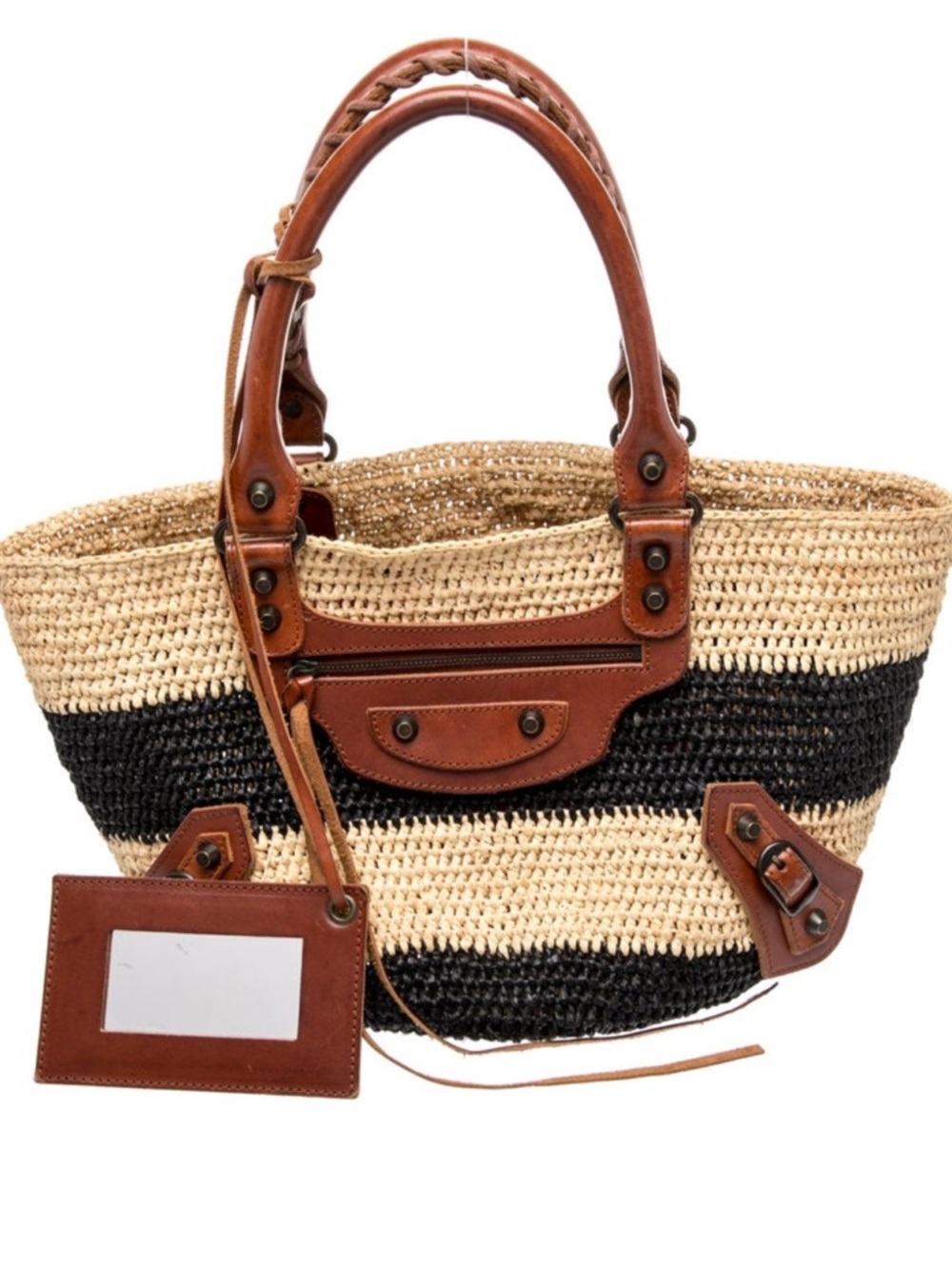 Balenciaga Straw Tote with Black Stripes and Brown Leather Trim
